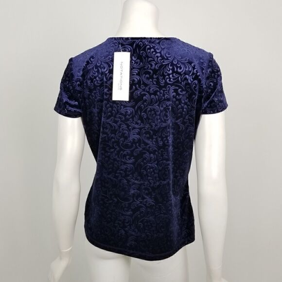 NWT Notations Petites Womens Size Small SP Navy Blue Paisley Embossed Velvet Top - Picture 5 of 5